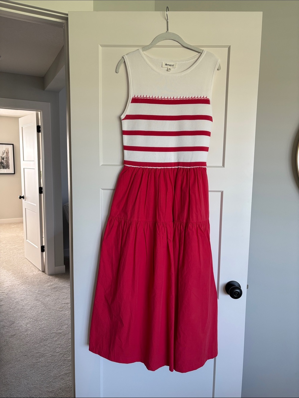 Sleeveless White & Red Striped Maxi Dress